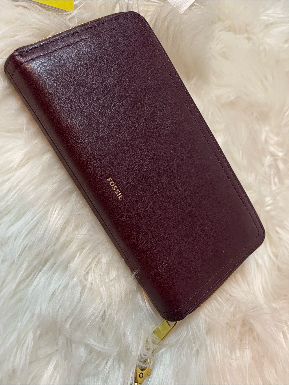 Fossil Burgundy Zip-Around Leather Wallet with Gold Accents